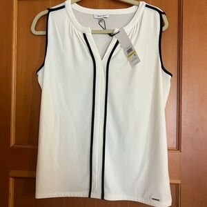 NWT. Calvin Klein White Sleeveless Blouse with Black Accent Piping